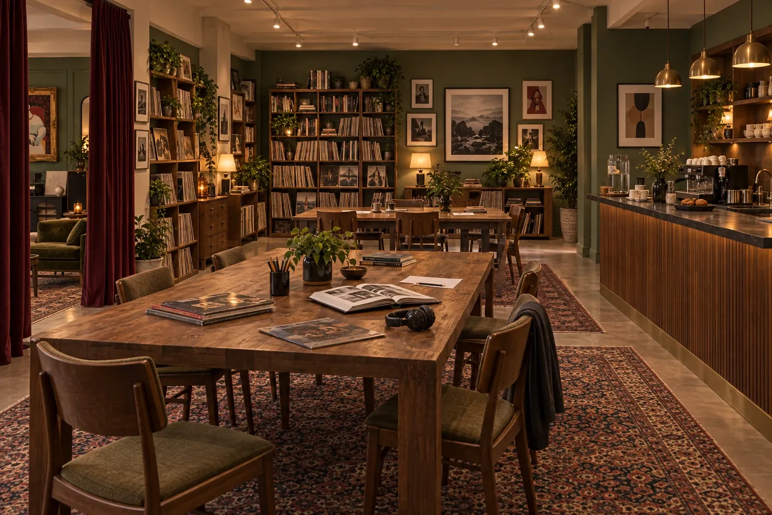 Concept for a shared workshop and Library with communal tables, record and book shelves, and a coffee serving counter.